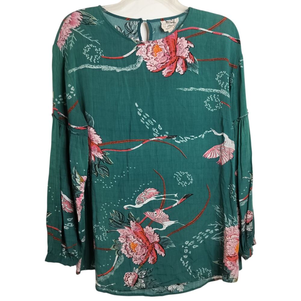 5172) Jaase Absinthe Boho Peasant Green Floral Bird Print Tunic Blouse Large